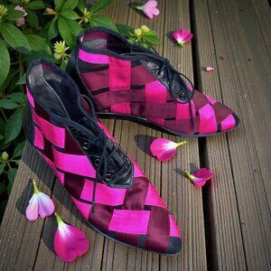 Charles Jourdan Paris Ankle Boots Criss Cross Pink Satin Ribbons Size 5